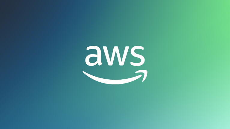 AWS logo on gradient blue-green background