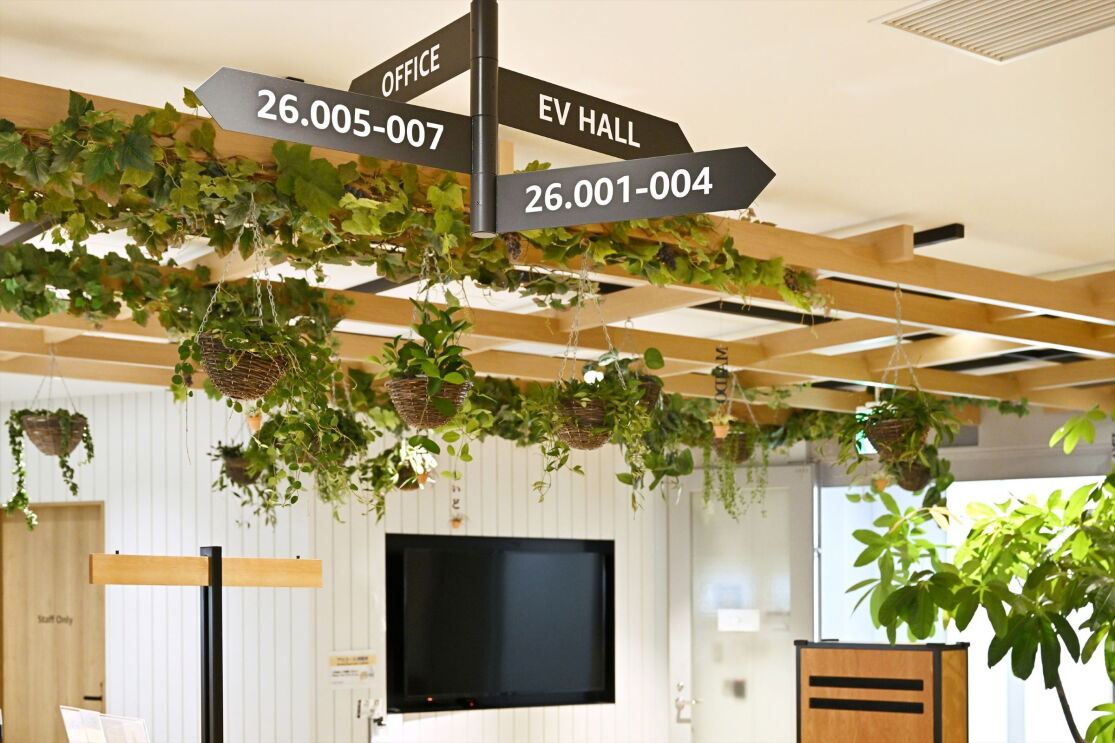 天井から観葉植物と会議室の場所を示す表示板が吊り下げられている。