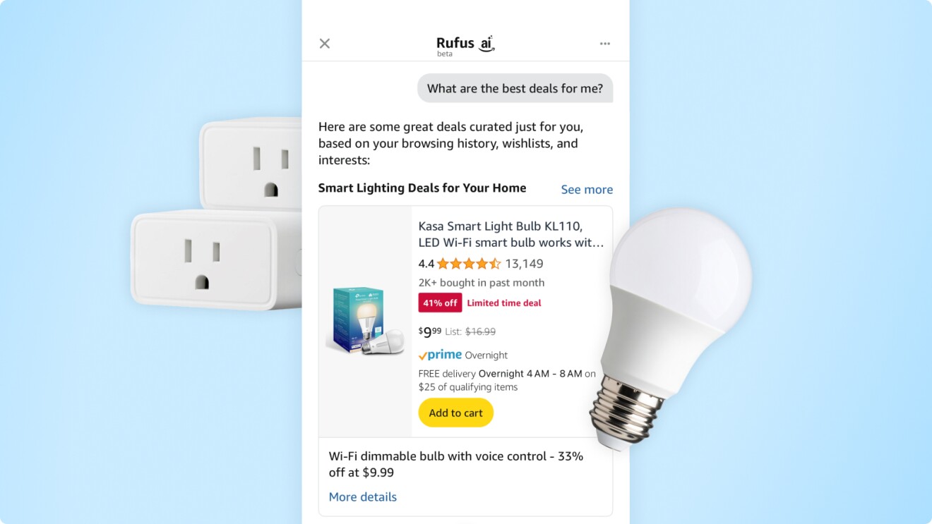 Rufus, Amazon's AI shopping assistant, feature showing how to find deals on wish list items