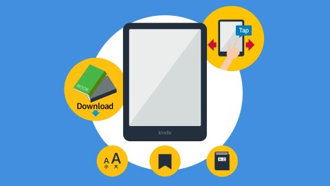 Kindleのイラスト。その周りには、タップ、ダウンロード、フォントサイズ、ブックマーク、辞書といった5つのアイコンが表示されている。