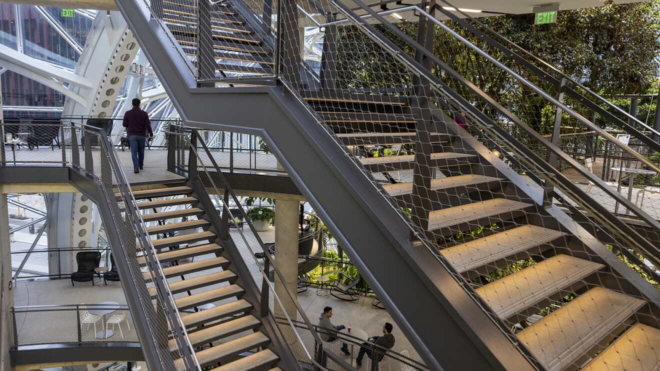 An image of an intricate set of two staircases at the Spheres. There is a man walking up one set of stairs, and soft lights illuminate the space under each step. You can see plants and greenery in the background.