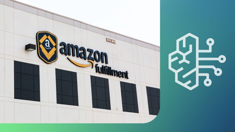Amazon Fulfillment center exterior with logo on white building