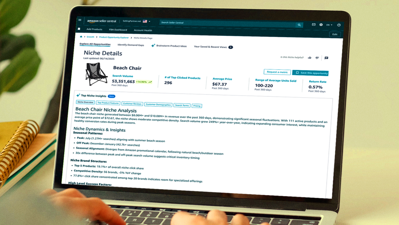 Laptop screen showing Amazon seller analytics for beach chair niche