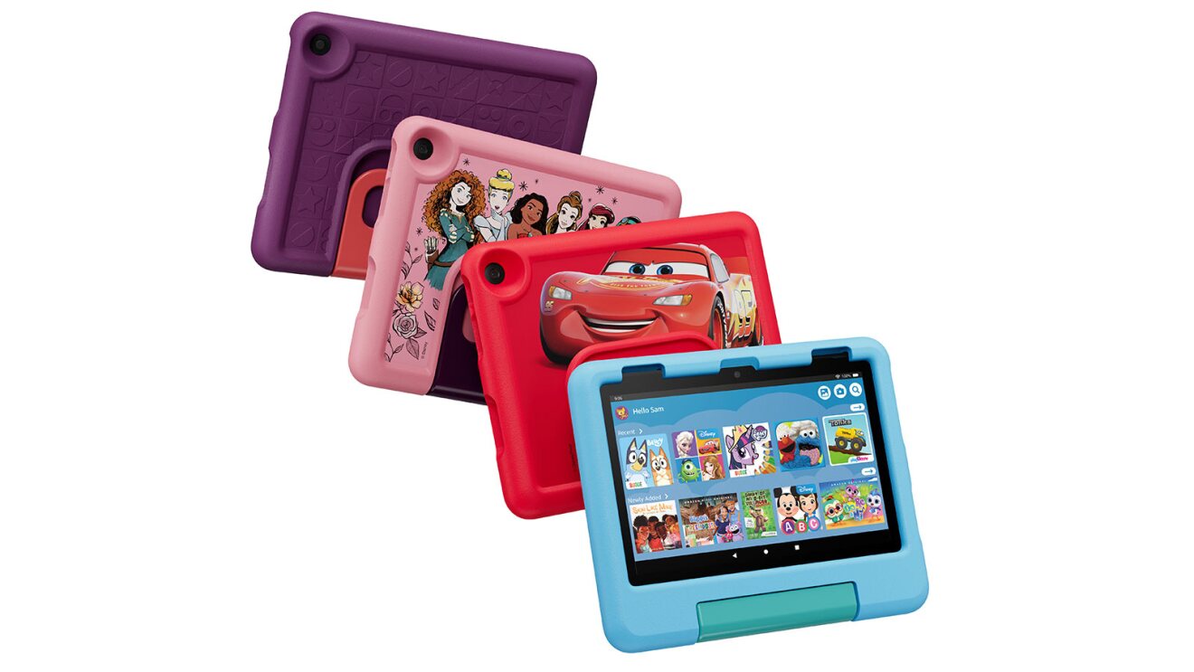 Amazon Fire Kids tablets with protective cases showing various themes