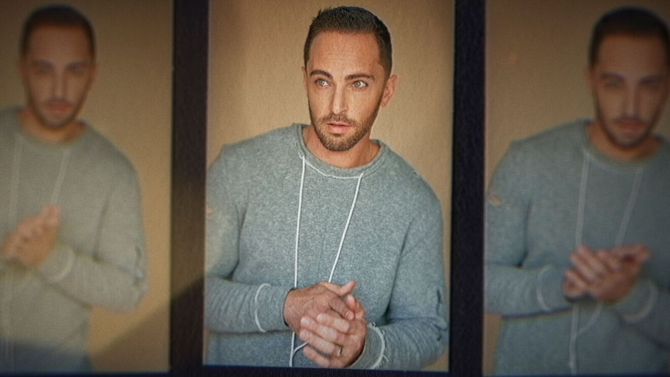 Triptych-style image of bearded man in casual attire looking straight ahead