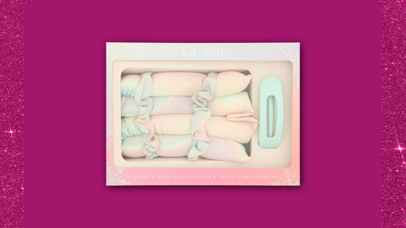 Boxed set of Kitsch XL satin heatless styling claw clip set headband on pink background