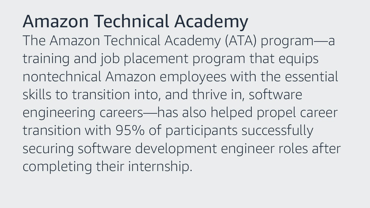 Text graphic that says: The Amazon Technical Academy program—a training and job placement program that equips nontechnical Amazon employees with the essential skills to transition into, and thrive in, software engineering careers – has also helped propel career transitions with 95 percent of participants successfully securing software developer engineer roles after completing their internship.