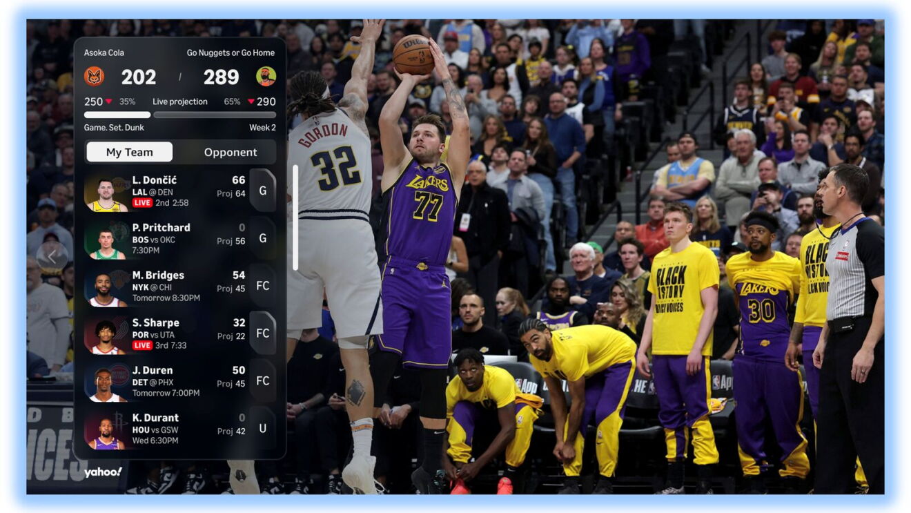 Graphic showing Yahoo Sports Fantasy basketball on NBA on Prime broadcast.