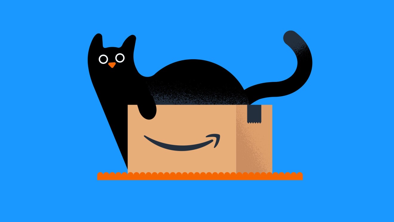 An illustrated image of a black cat playing in an Amazon box