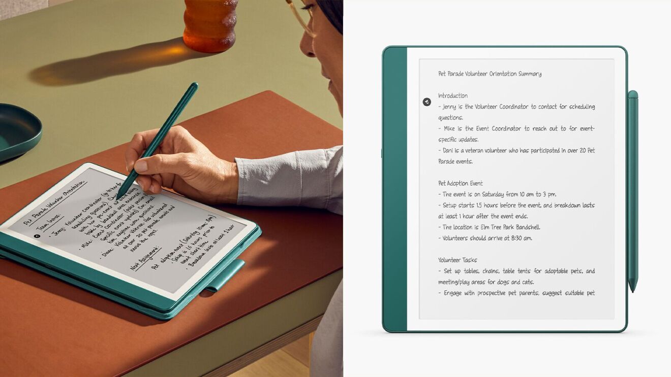 Split image: Person writing on Kindle Scribe and full summary document