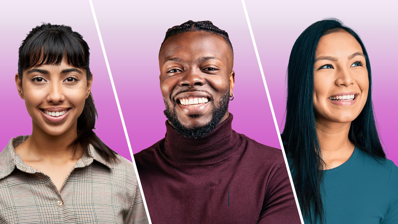 三个人的头像被做成拼贴画。从左至右:一名身穿棕褐色法兰绒领衬衫的女子,一名身穿栗色高领毛衣的男子,一名身穿蓝绿色长衬衫的女子。对着镜头微笑。