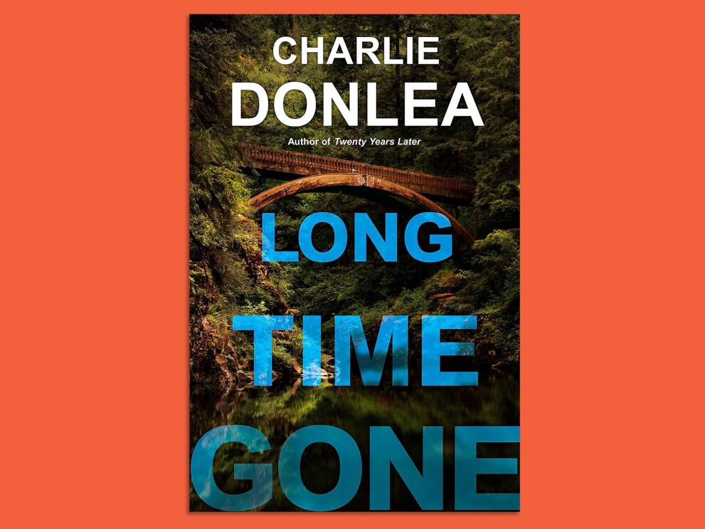Book cover: Long Time Gone by Charlie Donlea, featuring forest bridge