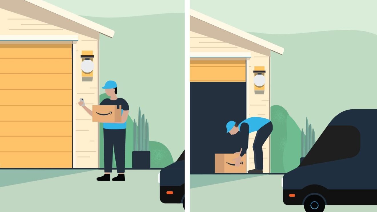 Two side-to-side illustrations of a delivery driver that show in-garage delivery.