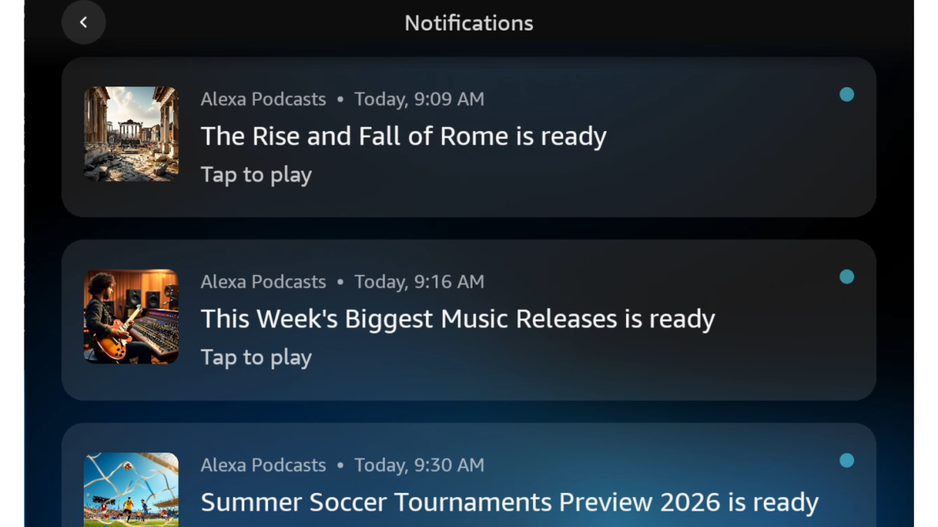 Three Alexa Podcasts notifications showing episodes about Rome, music releases, and soccer tournaments