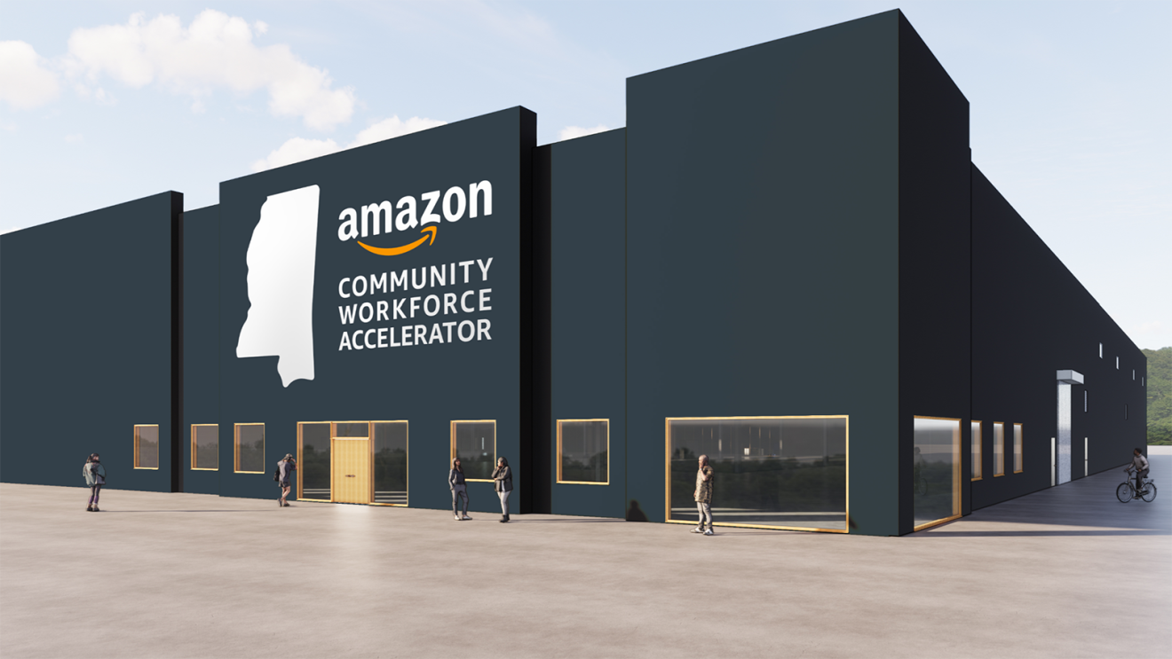 An illustration of an Amazon Community Workforce Accelerator building in Mississippi.
