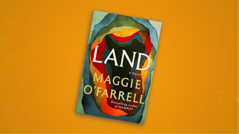Book cover for 'Land' by Maggie O'Farrell featuring layered abstract shapes in blue, green, yellow, orange, and red tones