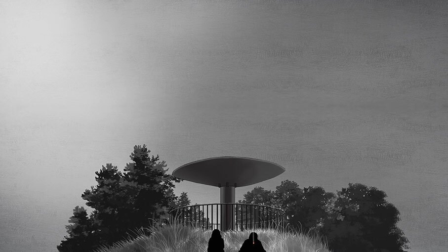 灰色の空に、小さな丘。丘の頂上にじょうろのような形の構造物があり、柵で囲まれている。頂上の奥の方に木々、手前に2つの人影。