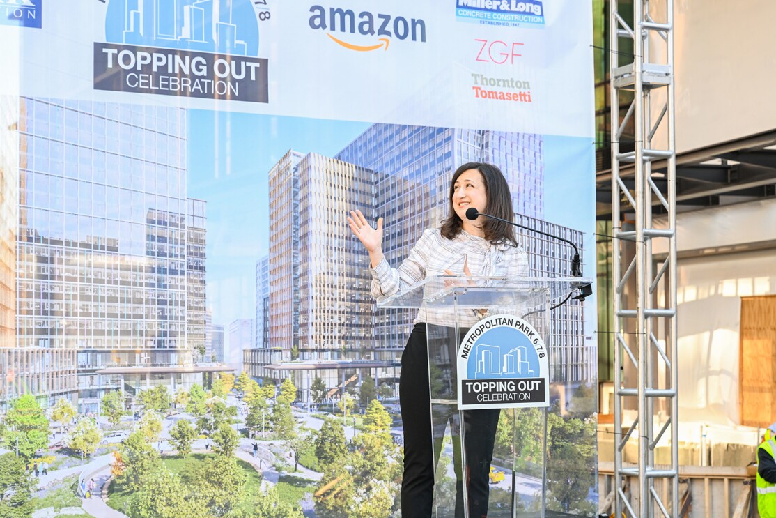 An image of the "top out" event celebration for Amazons HQ2's Met Park.