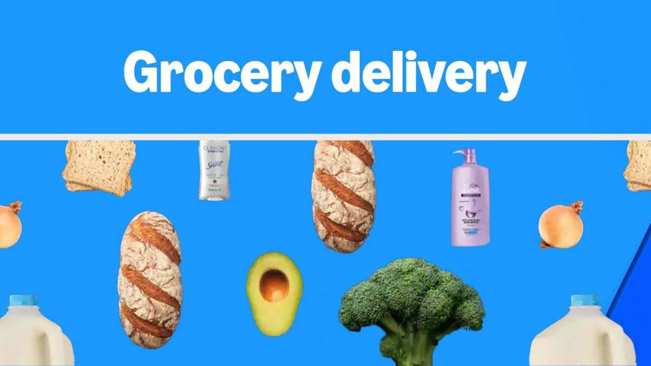 Amazon Grocery delivery banner with breads, avocado, broccoli, milk bottles