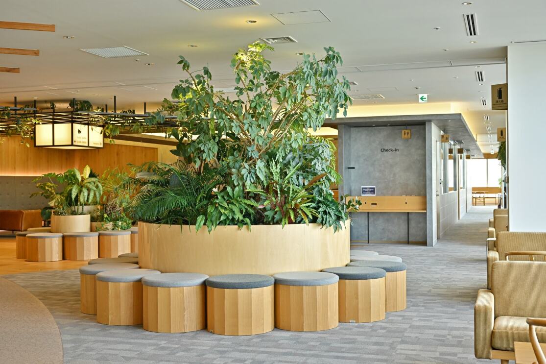 中央に置かれた円筒状の仕切りの中に植物が植えられている。その周囲にスツールが並べられている