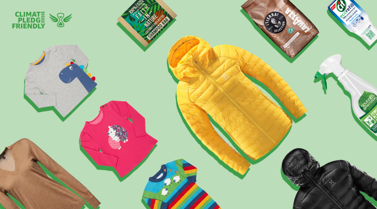 Climate Pledge Friendly products including bright yellow jacket, Cif, Coffee and pink long sleeved childrens top