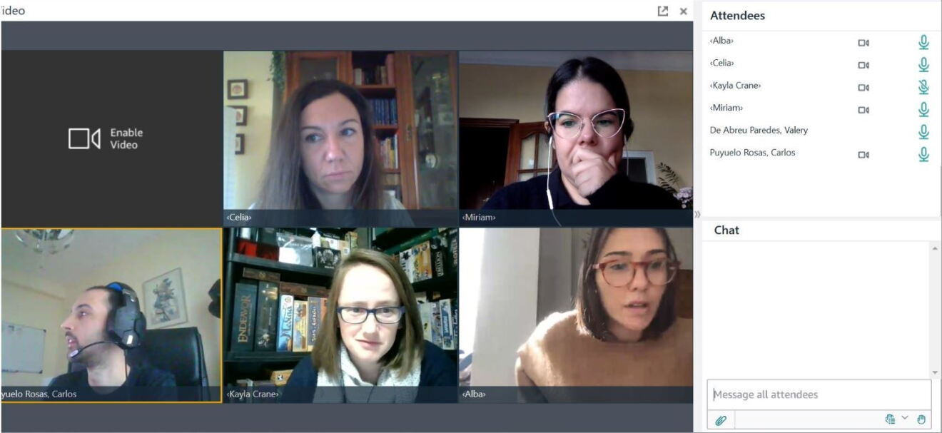 Es una captura de pantalla de ordenador donde se pueden observar que están conectadas 6 personas, cinco de ellas con cámara y la sexta sin nada. Hay cuatro mujeres y un hombre. En la parte derecha están los nombres de las personas conectadas, una cámara que indica quién está conectada con ella y también los micrófonos que marca quien habla y quien está en silencio. 