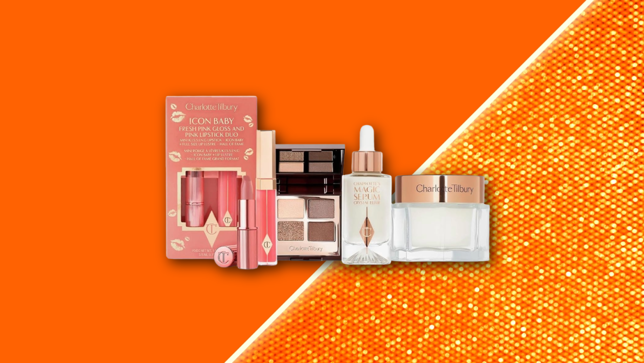 Charlotte Tilbury Magic Cream face moisturizer set, floating against a vibrant orange background.