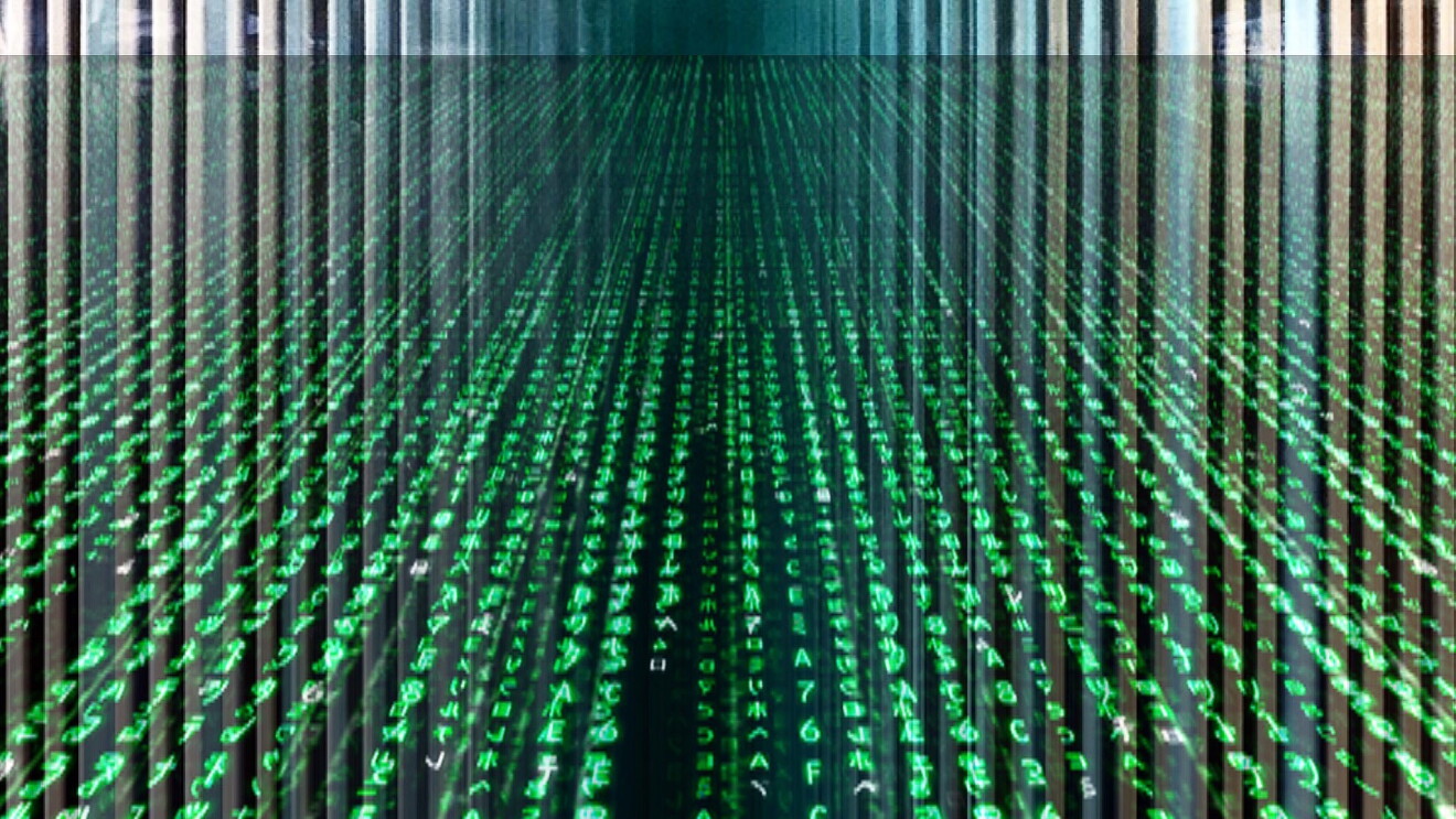 An abstract image of computer code on a screen. It's largely colored green. 