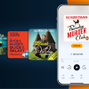 A carousel of Audible audiobook covers next to a phone showing the Audible app interface