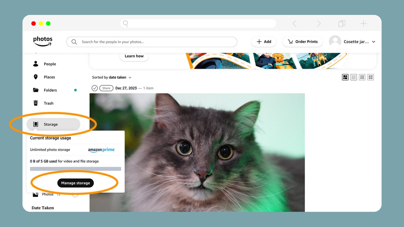 A screenshot circling the prompts for "Strorage" and "Manage Storage" on the left side menu.