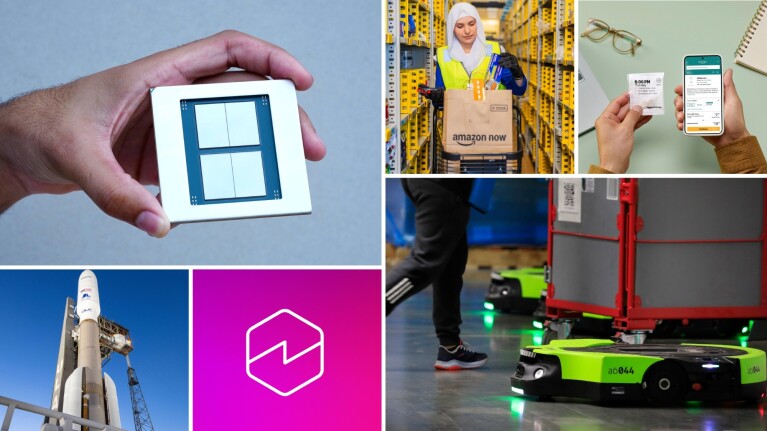 A collage featuring highlights from Amazon's second quarter earnings results: a custom chip, an employee preparing an Amazon Now order, a smartphone featuring an online Amazon Pharmacy prescription order, an Amazon Leo rocket, Amazon Quick logo, an Amazon Proteus robot alongside an employee.