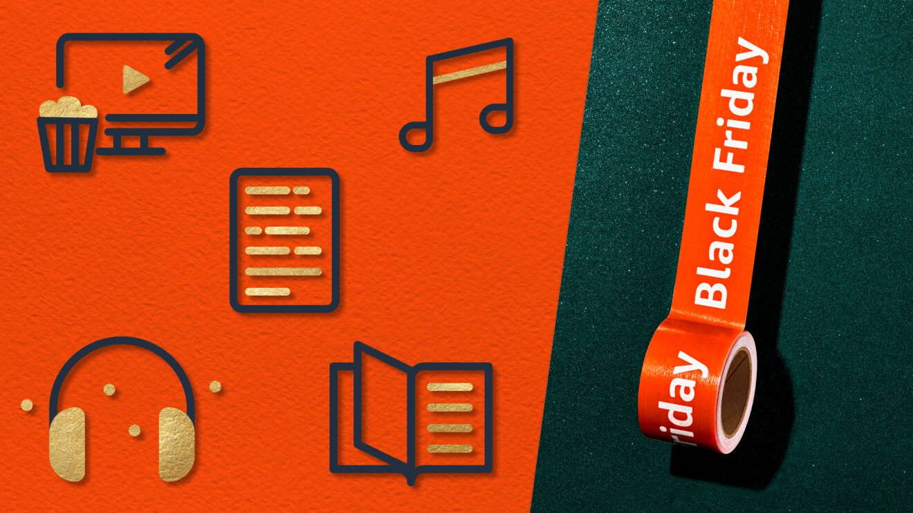 A red and green background showing outlines of a tv, headphones, books and music