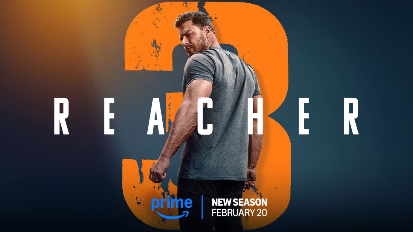 A promotional poster of the third season of Prime Video's "Reacher," with star Alan Ritchson standing in the center with a giant "3" behind hi.