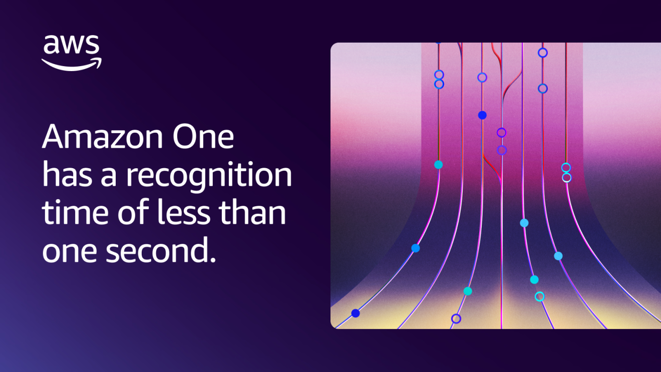 AWS promotional graphic highlighting Amazon One's fast recognition speed