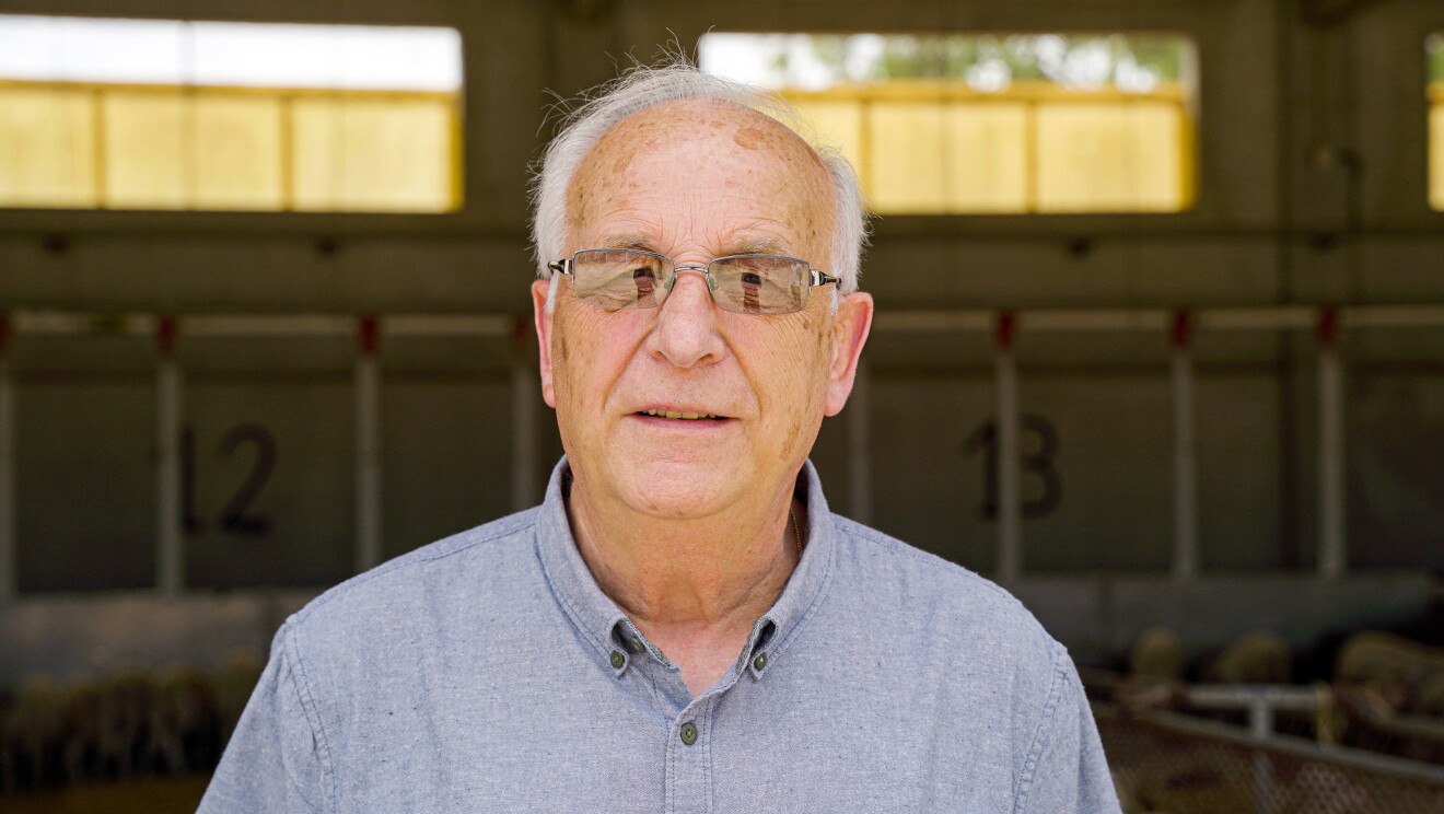 Primer plano de Jaume Farràs. Está en el establos y detrás tiene ovejas. Ell lleva una camisa azul claro y una gafas oscuras. Tiene unos 80 años y el pelo blanco. 