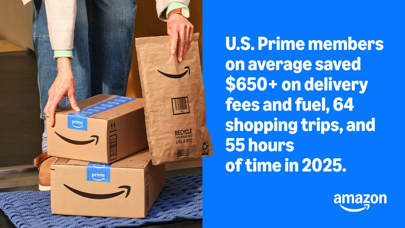 Amazon Prime boxes and a package on a doorstep, with a stat highlighting 2025 savings for U.S. Prime members.
