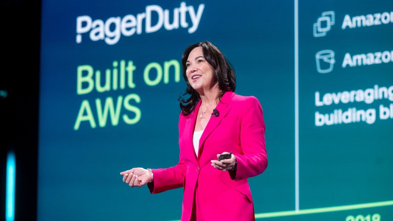 Jennifer Tejada, chairperson and CEO, PagerDuty speaking on stage at re:Invent 2024