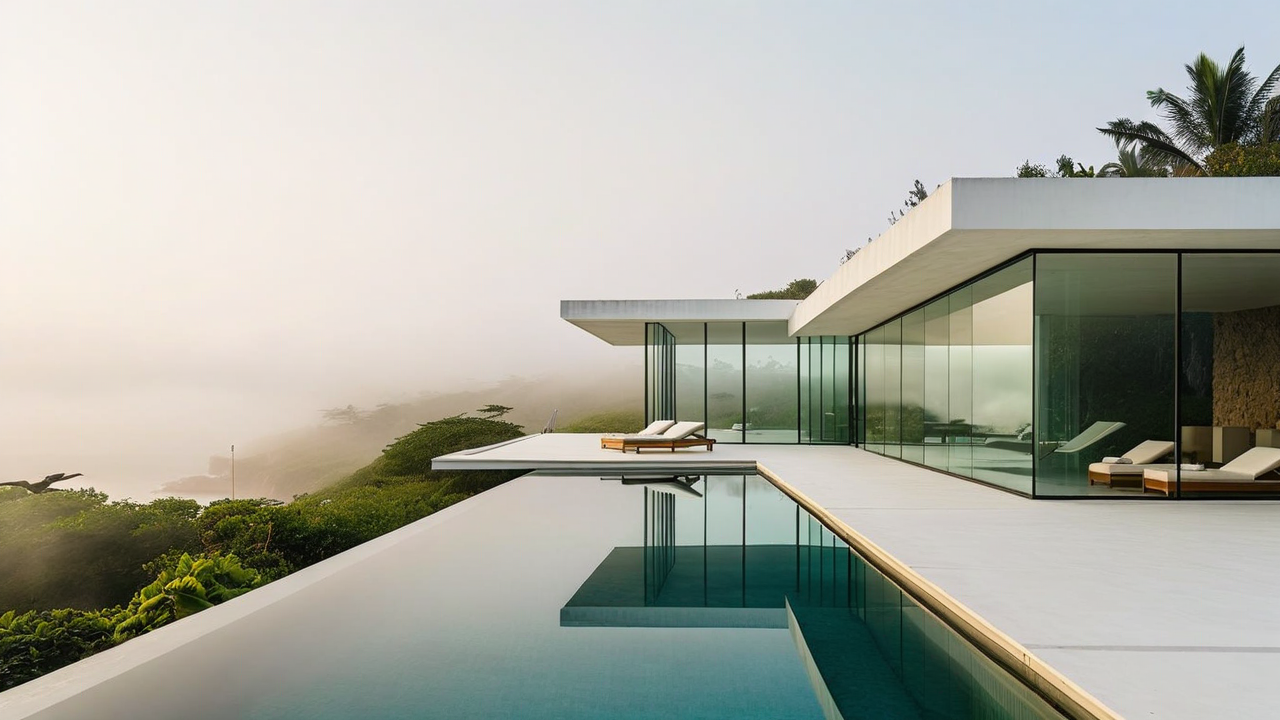 Moderne Villa mit Glasfassade und Infinity-Pool in nebliger Hügellandschaft.