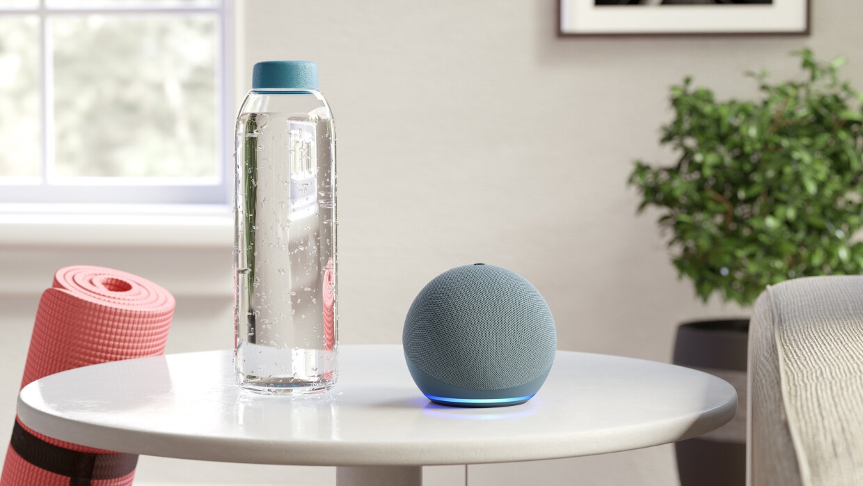 水や緑やヨガマットがあるリラックスした部屋に置かれているecho