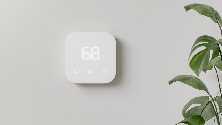 An image of the Amazon Smart Thermostat with a plant on the left.