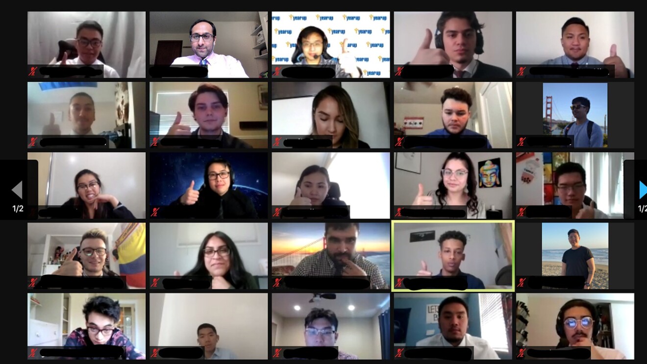 A video conference call, showing more than two dozen individuals participating in AWS re/Start cloud education. 