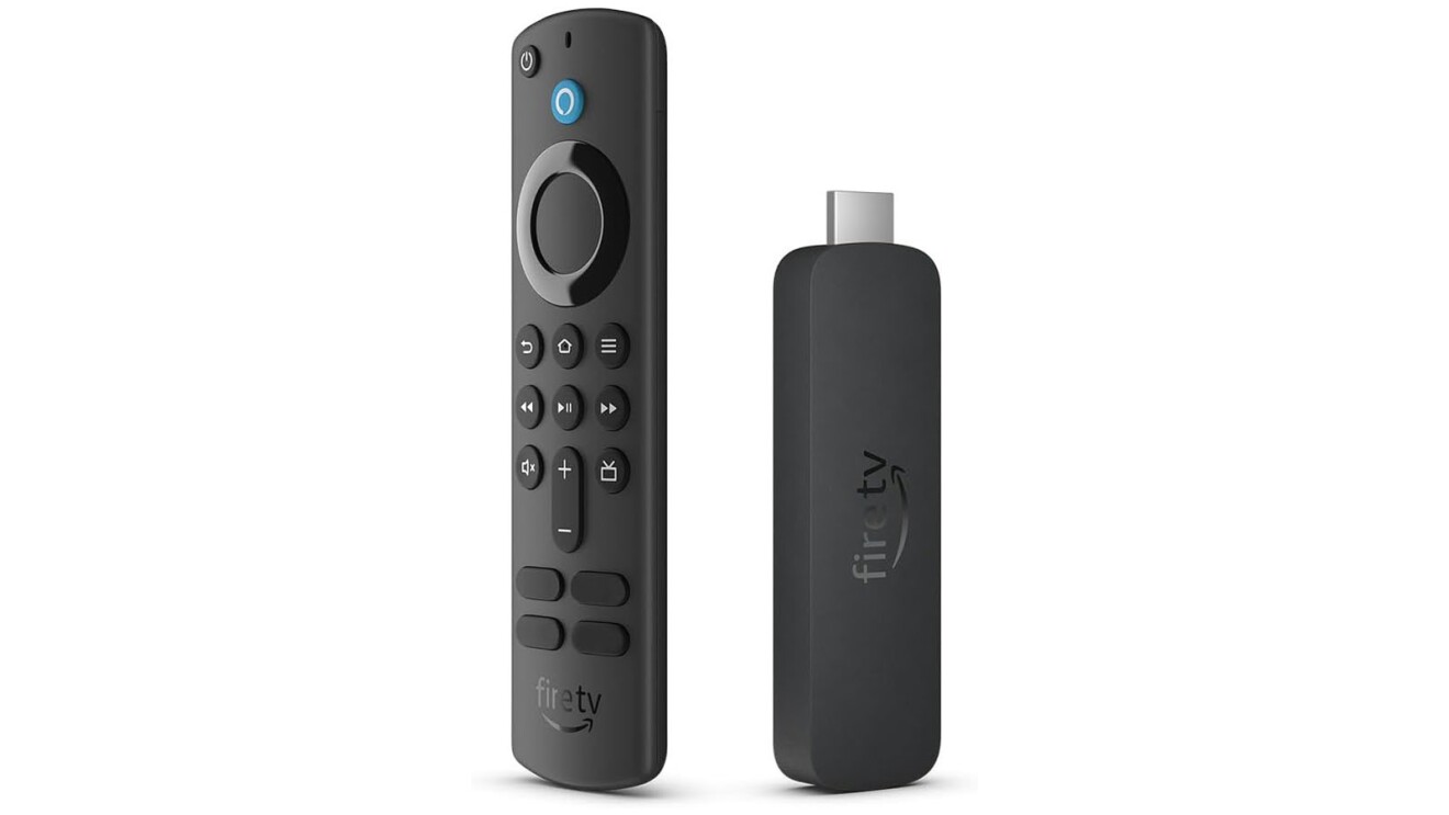 An image of the FireTV stick device. There is one device that looks like a very small remote control, and another that is a smaller, black device with a silver USB-C connector at the top.