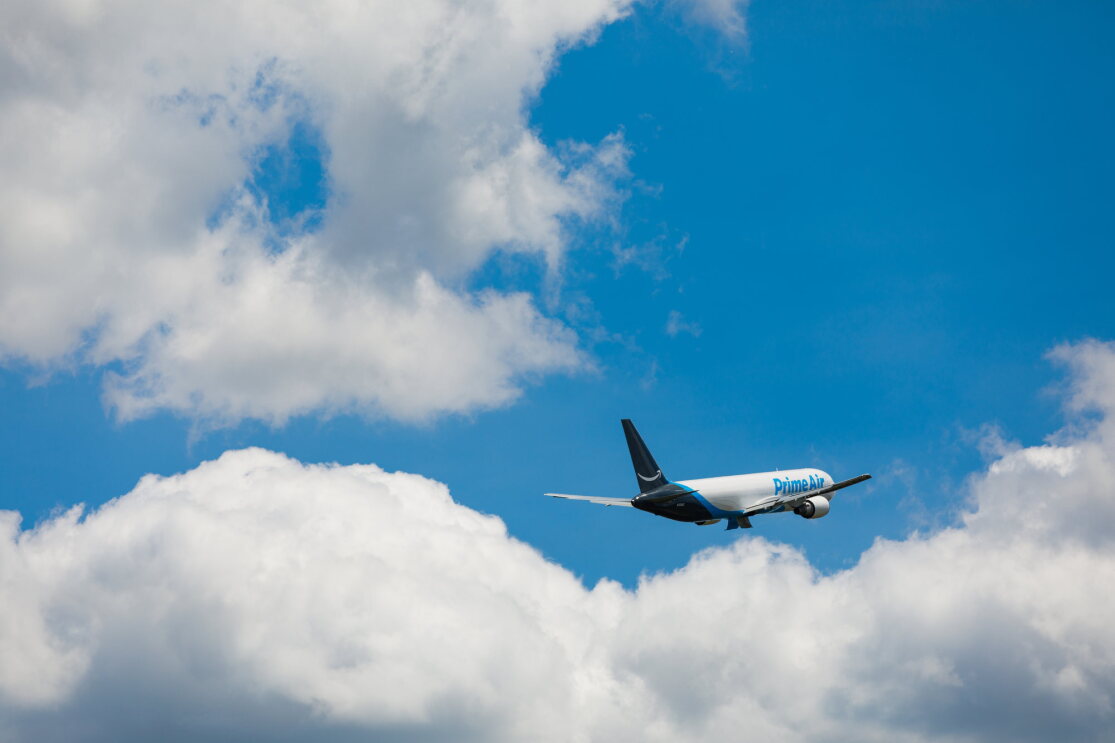 A Prime Air plane taking off.