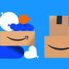 An illustrated image showing Amazon boxes stacked with balloons in different shapes around them.