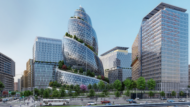 位于弗吉尼亚州阿灵顿的亚马逊新总部效果图。中间有一个巨大的螺旋形建筑,周围是绿色植物和其他几个矩形建筑。