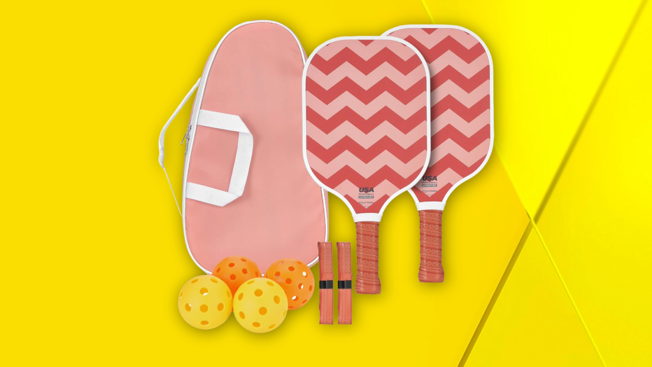 Amazon Basics pickleball set against a yellow background.