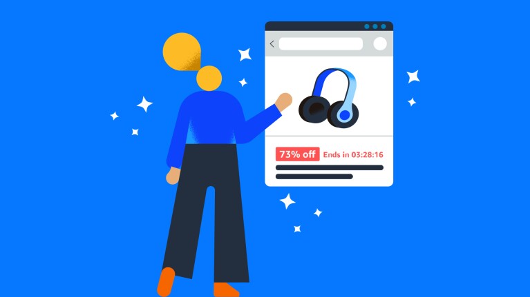 Stylized figure pointing at online discount offer for headphones