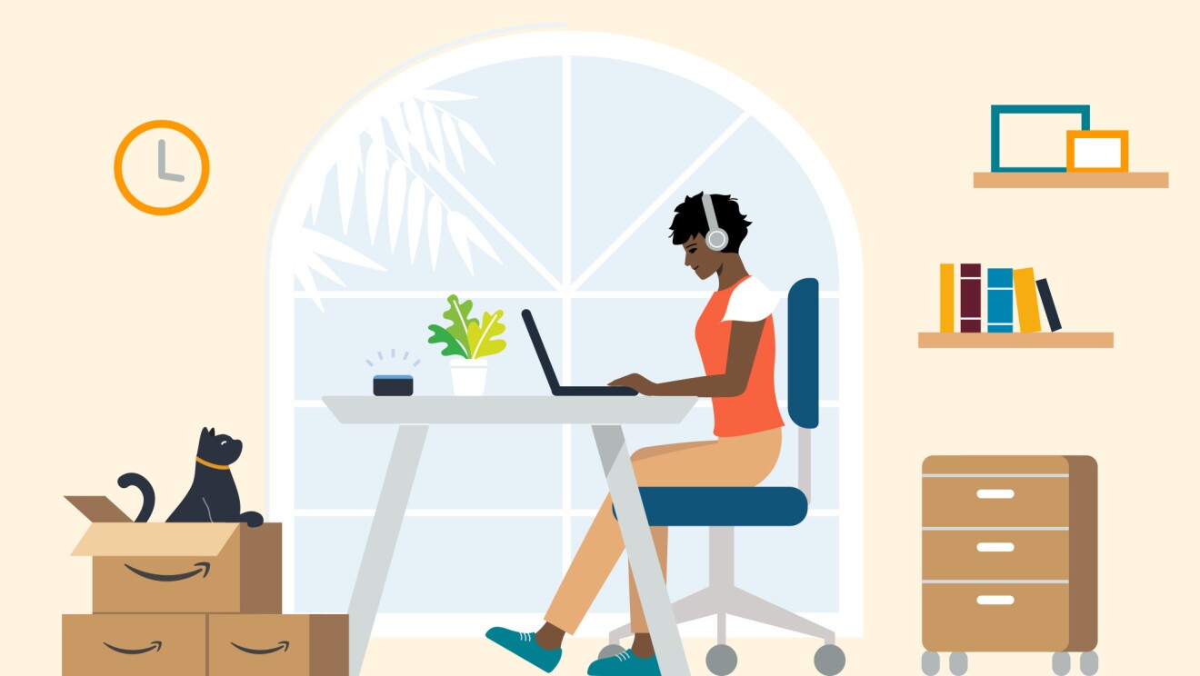 An illustrated image of a person using a laptop at a desk. There are three Amazon boxes in front of them with a pet on top of them.