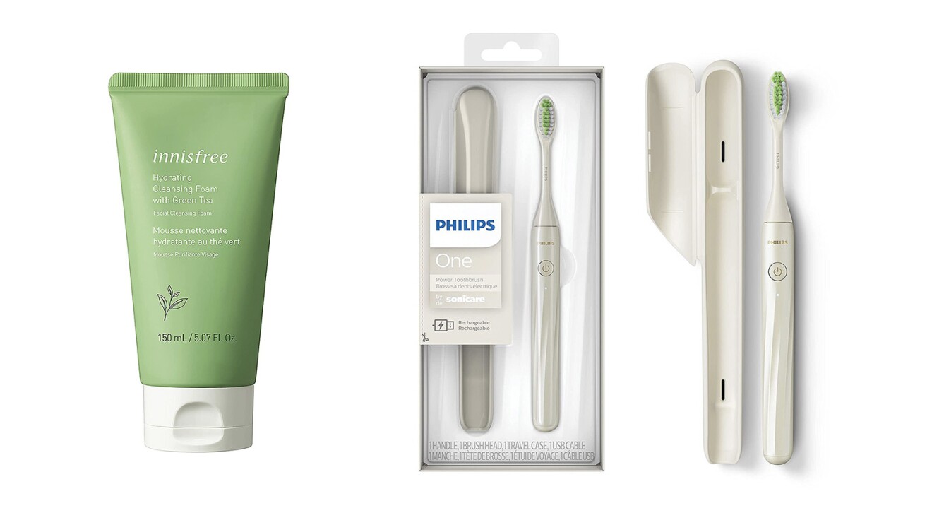 A bottle of Innisfree Green Tea Cleanser and a Philips One Sonicare toothbrush in a package and another outside of the package.