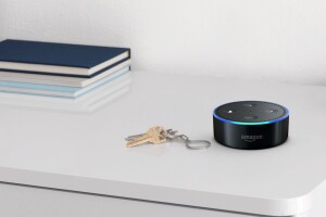 A black Amazon Echo dot on a shelf, next to a set of car keys. Books and a green plant are in the background.